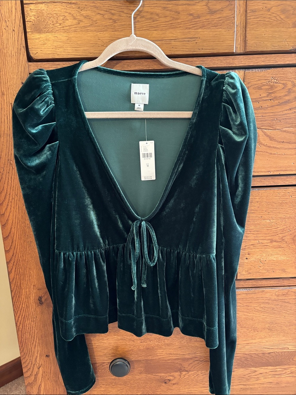 Maeve Deep Green Velvet Tie-Front Peplum Top